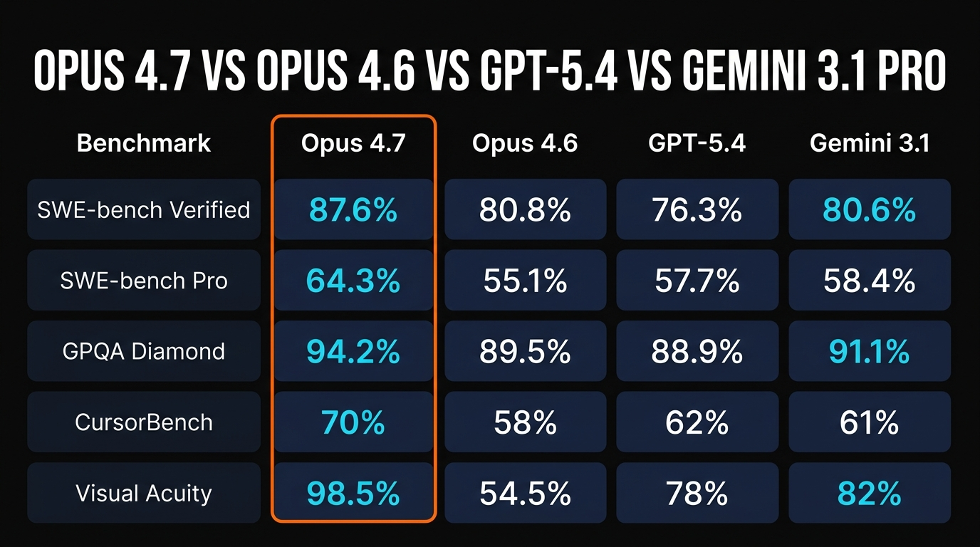 Claude Opus 4.7 vs Opus 4.6 vs GPT-5.4 vs Gemini 3.1 Pro benchmark comparison on SWE-bench, GPQA, CursorBench