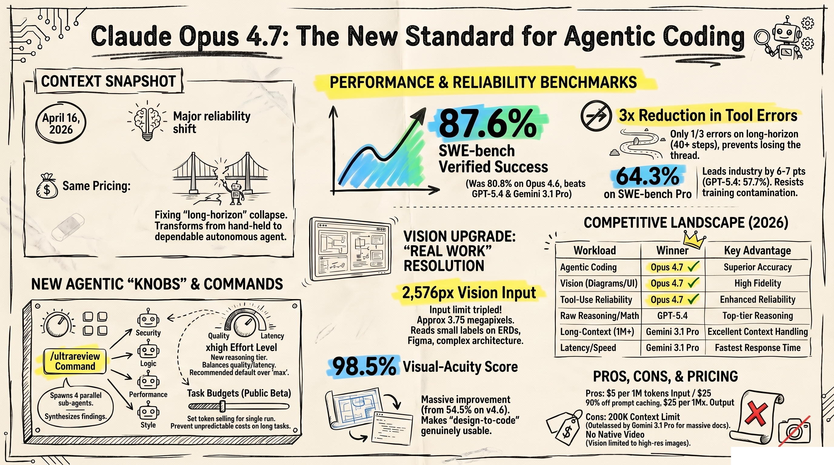 Claude Opus 4.7 visual overview — benchmarks, new commands, vision upgrade, agentic coding standard
