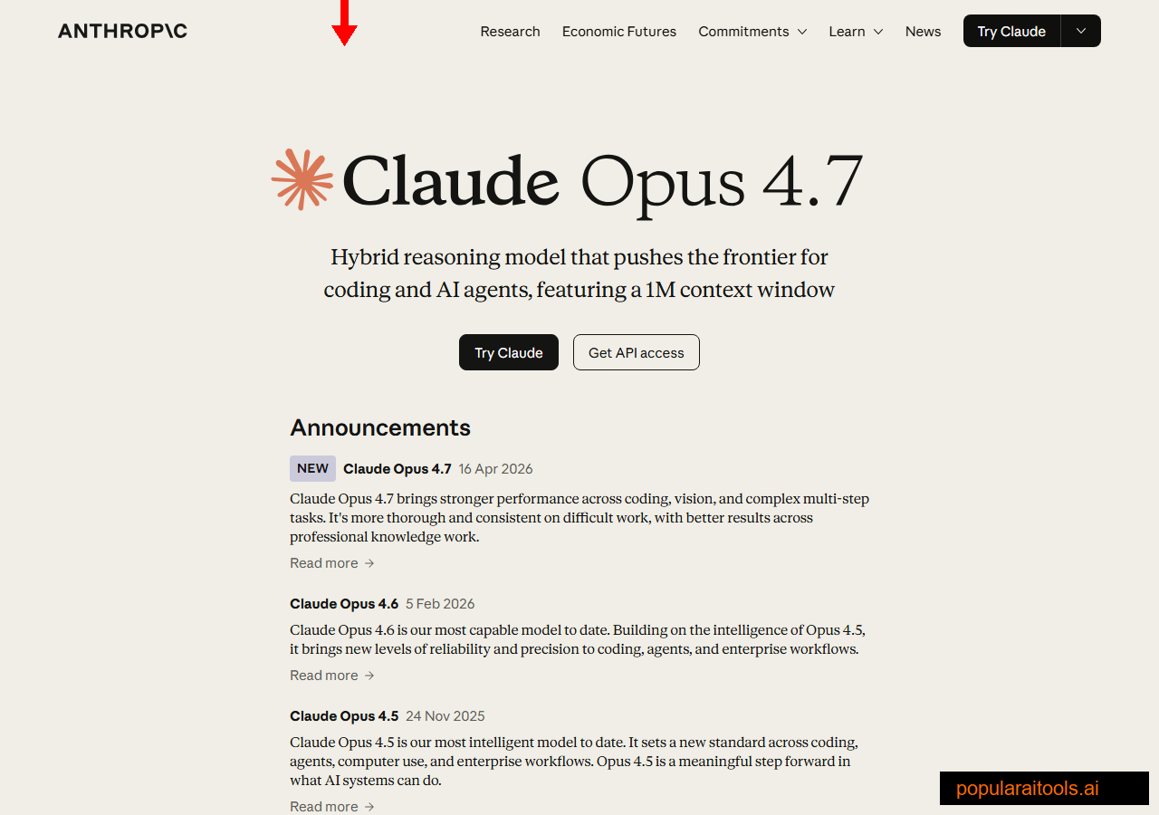 Anthropic Claude Opus product page showing Opus 4.7 messaging
