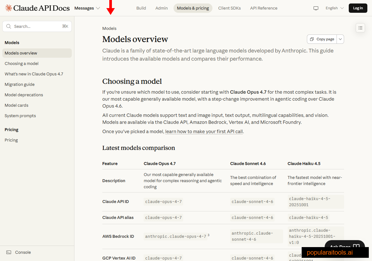 Claude model overview docs listing claude-opus-4-7 alongside Sonnet and Haiku