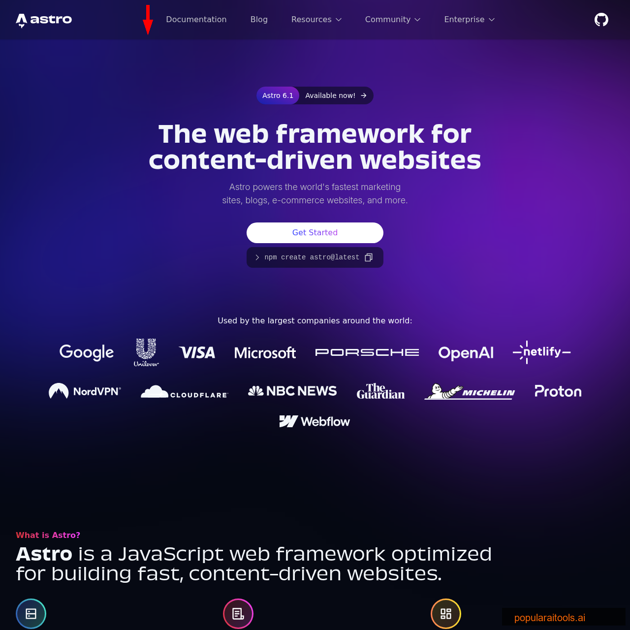 Astro web framework homepage showing content-driven website builder that powers EmDash
