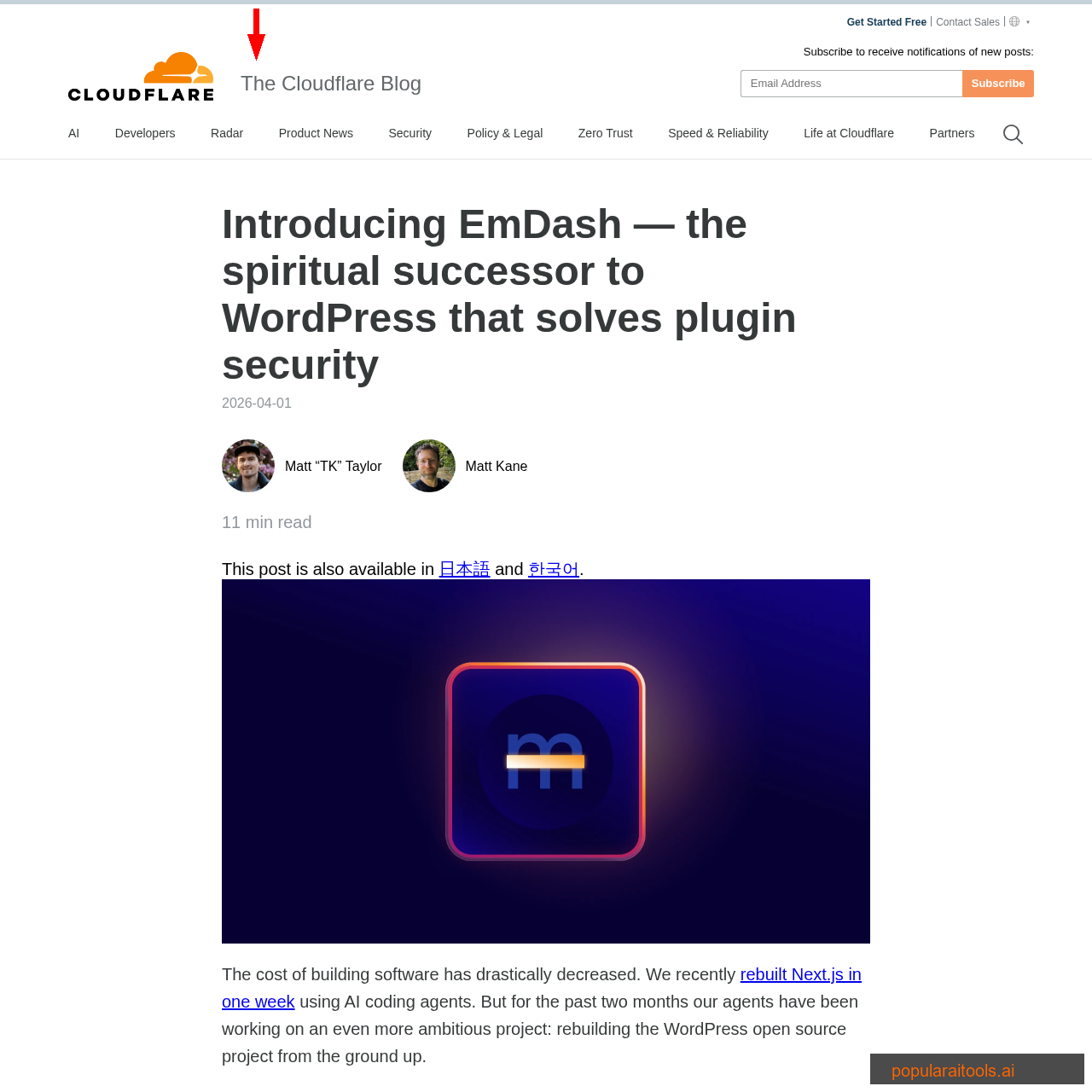 Cloudflare blog post announcing EmDash as the spiritual successor to WordPress