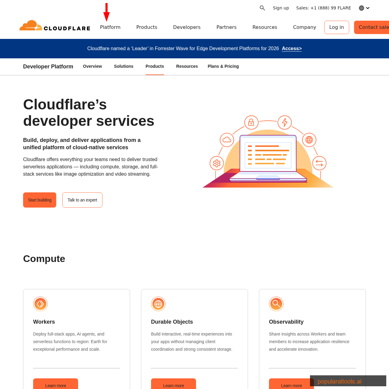 Cloudflare developer platform showing Workers, D1, R2, and other services that power EmDash