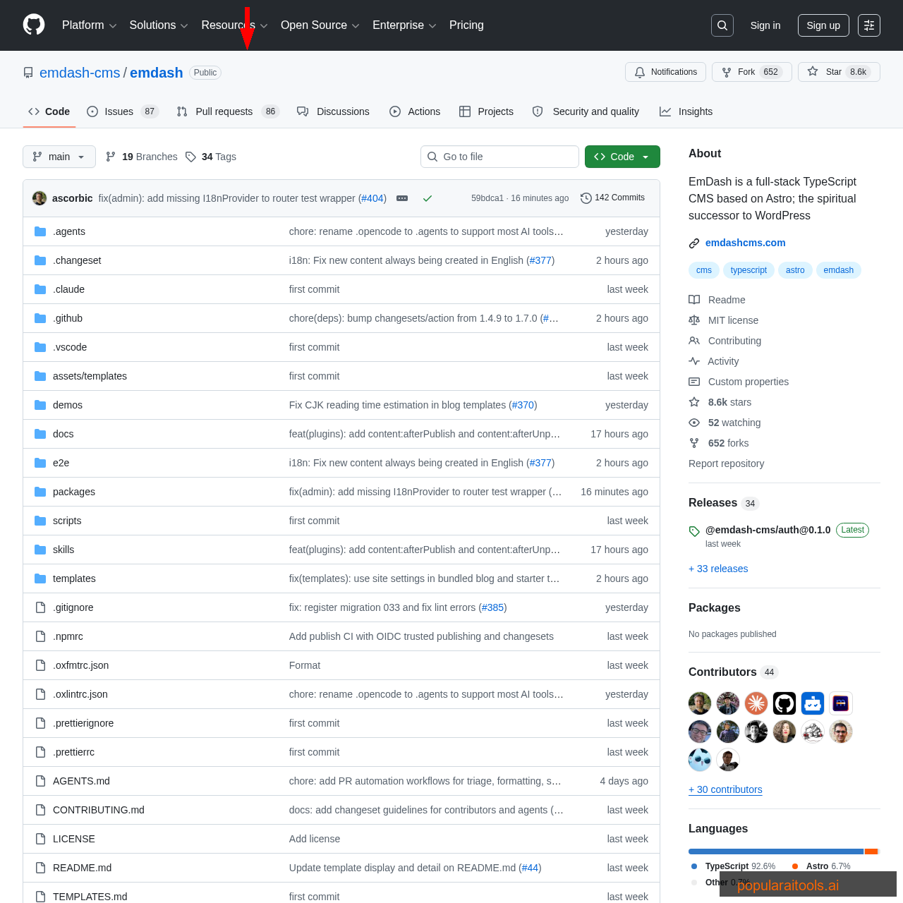 EmDash GitHub repository showing full-stack TypeScript CMS based on Astro