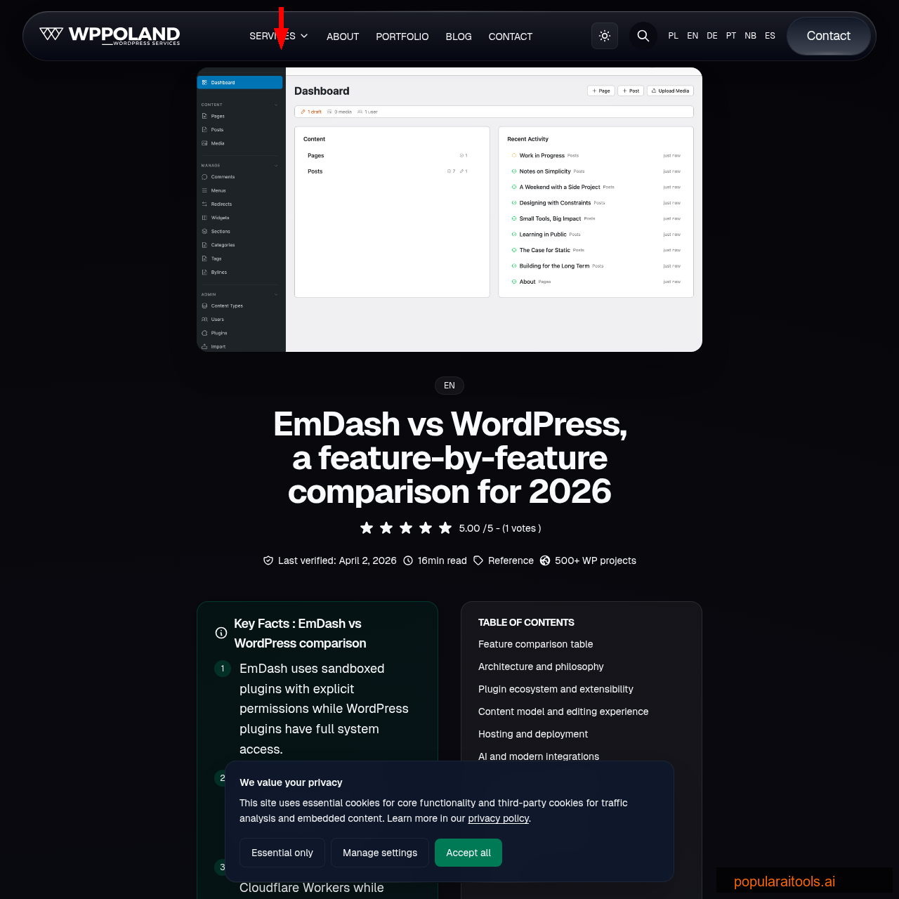 EmDash vs WordPress feature comparison table showing security, hosting, plugins, and ecosystem differences