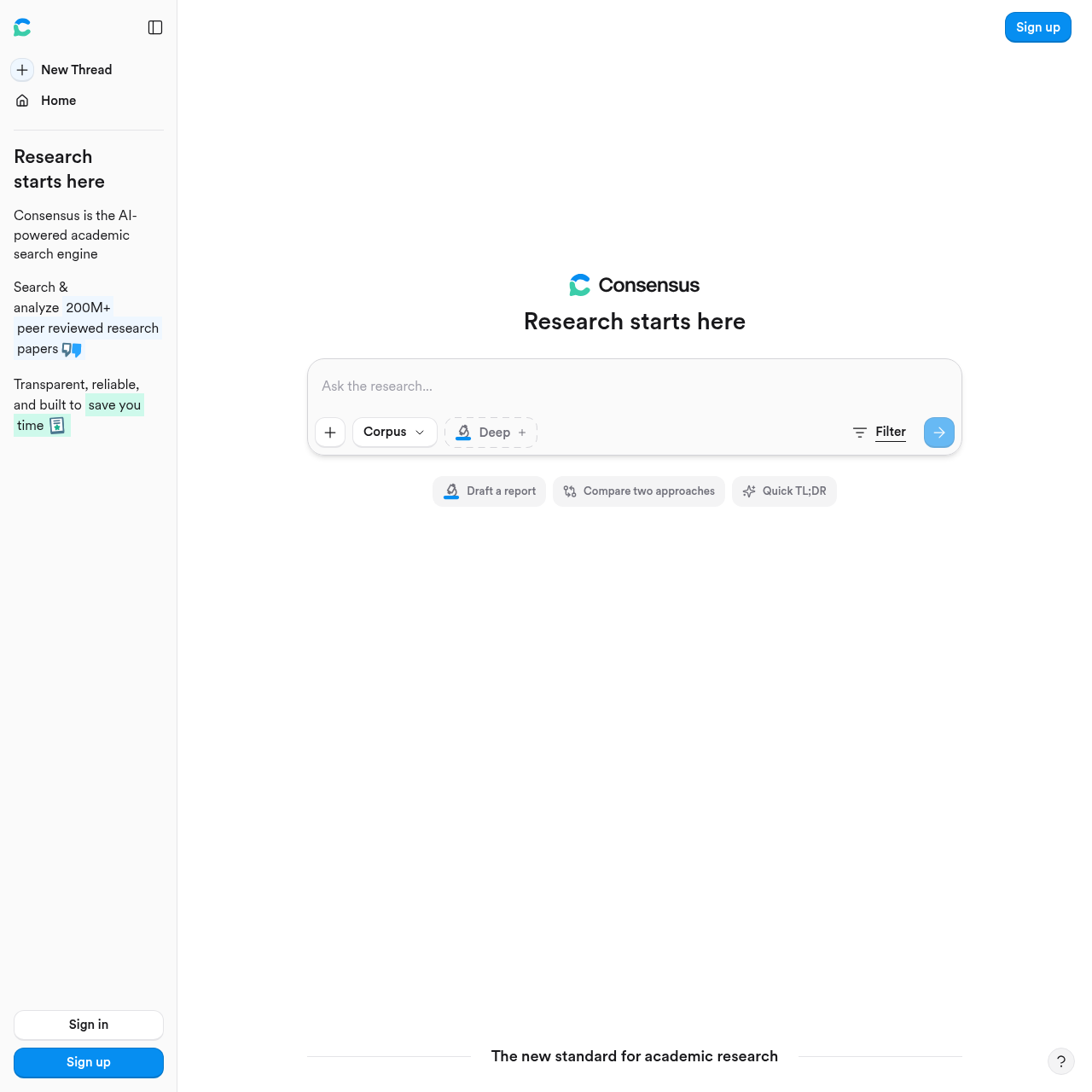 Consensus AI homepage showing 220M+ research papers searchable via natural language queries