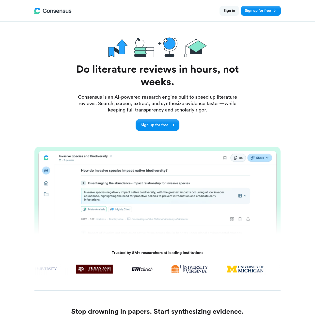 Consensus AI literature review feature page showing Study Snapshots and the Consensus Meter visualization