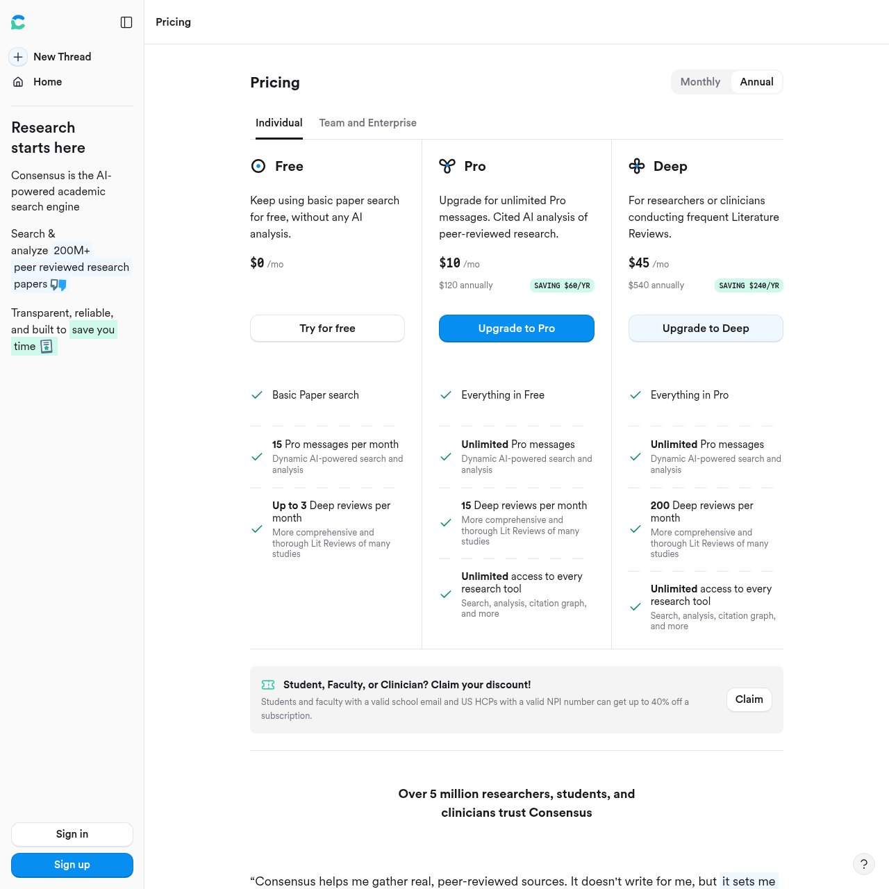 Consensus AI pricing page showing Free, Pro $10/mo, and Deep $45/mo tiers with student and clinician discounts