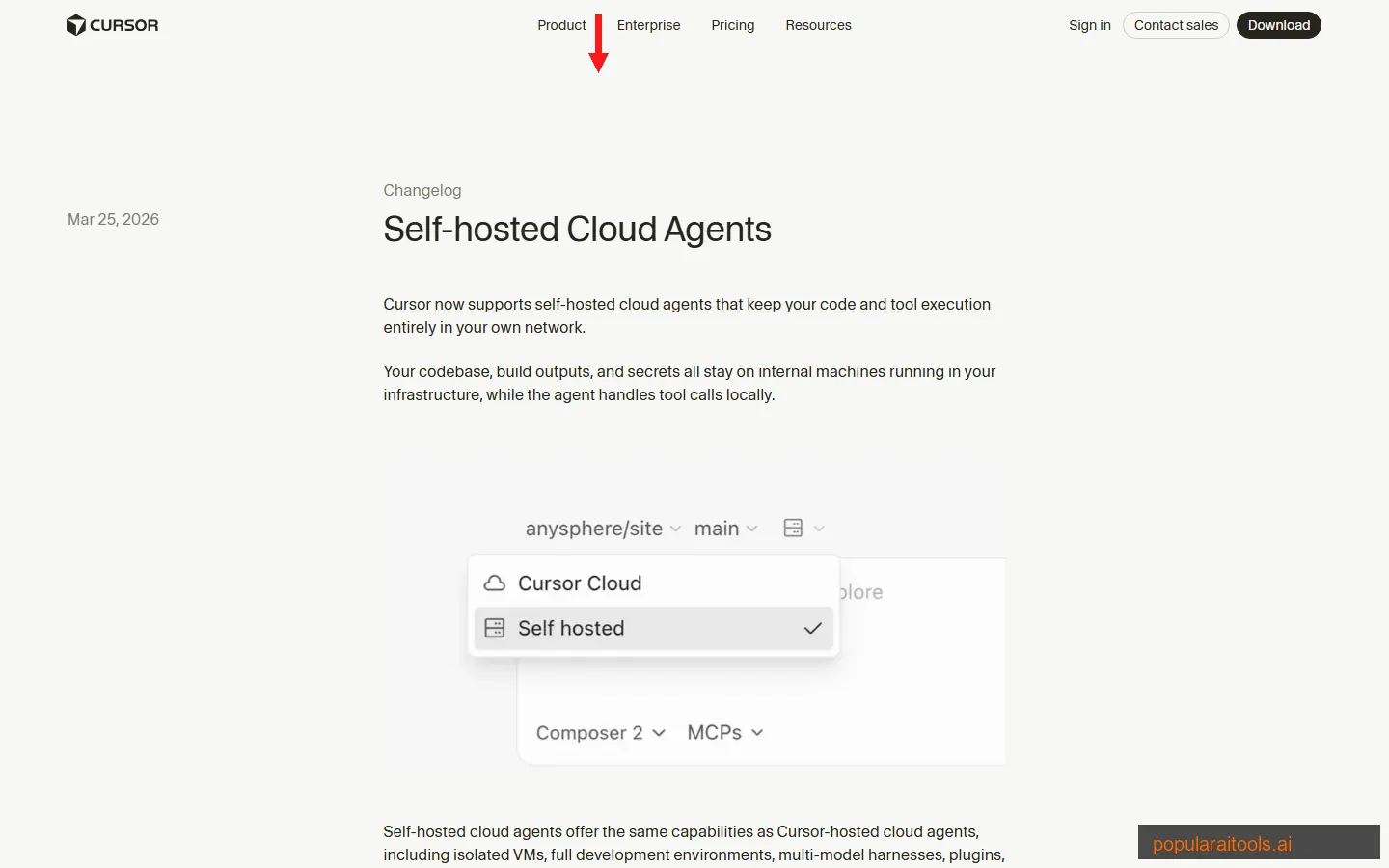 Cursor AI changelog page showing March 2026 updates including self-hosted agents, Composer 2, and marketplace plugins