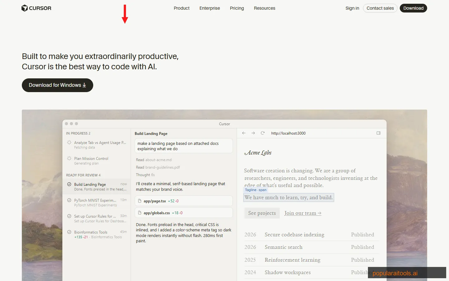 Cursor AI homepage showing the AI code editor with agent capabilities and multi-model support