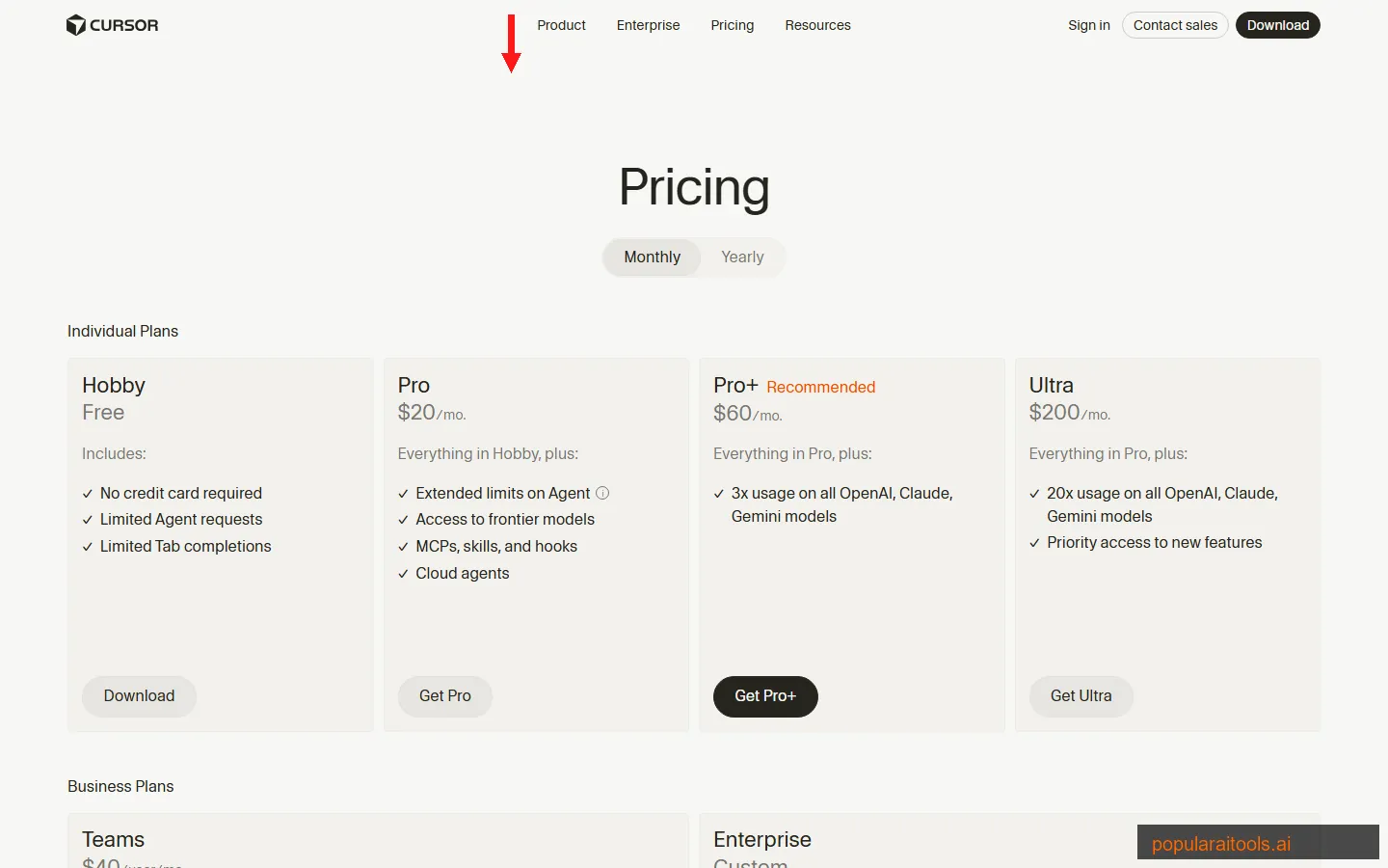 Cursor AI pricing page showing Hobby free, Pro $20/month, Pro+ $60/month, and Ultra $200/month plans