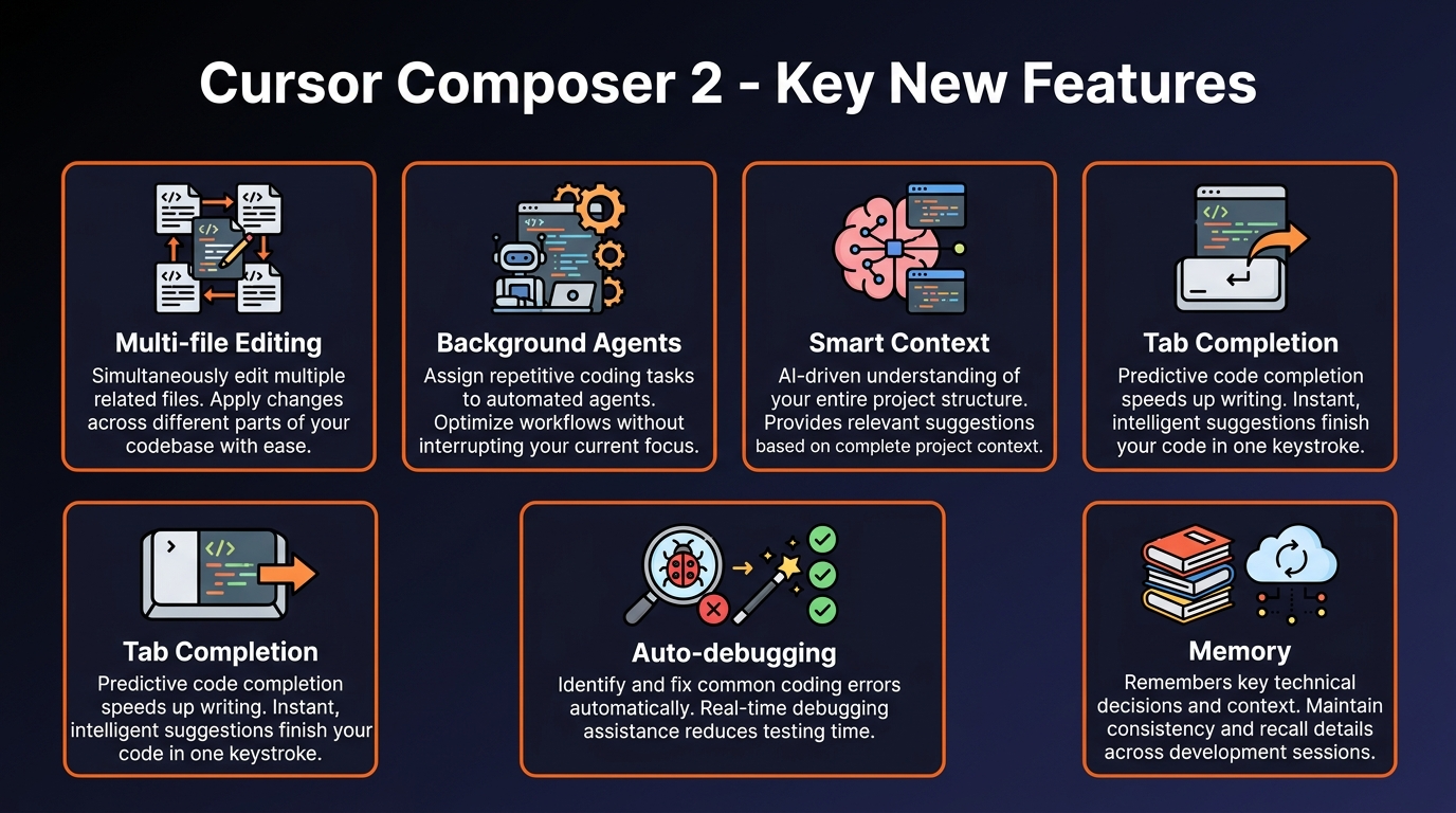 Cursor Composer 2 key new features overview including multi-file editing and background agents