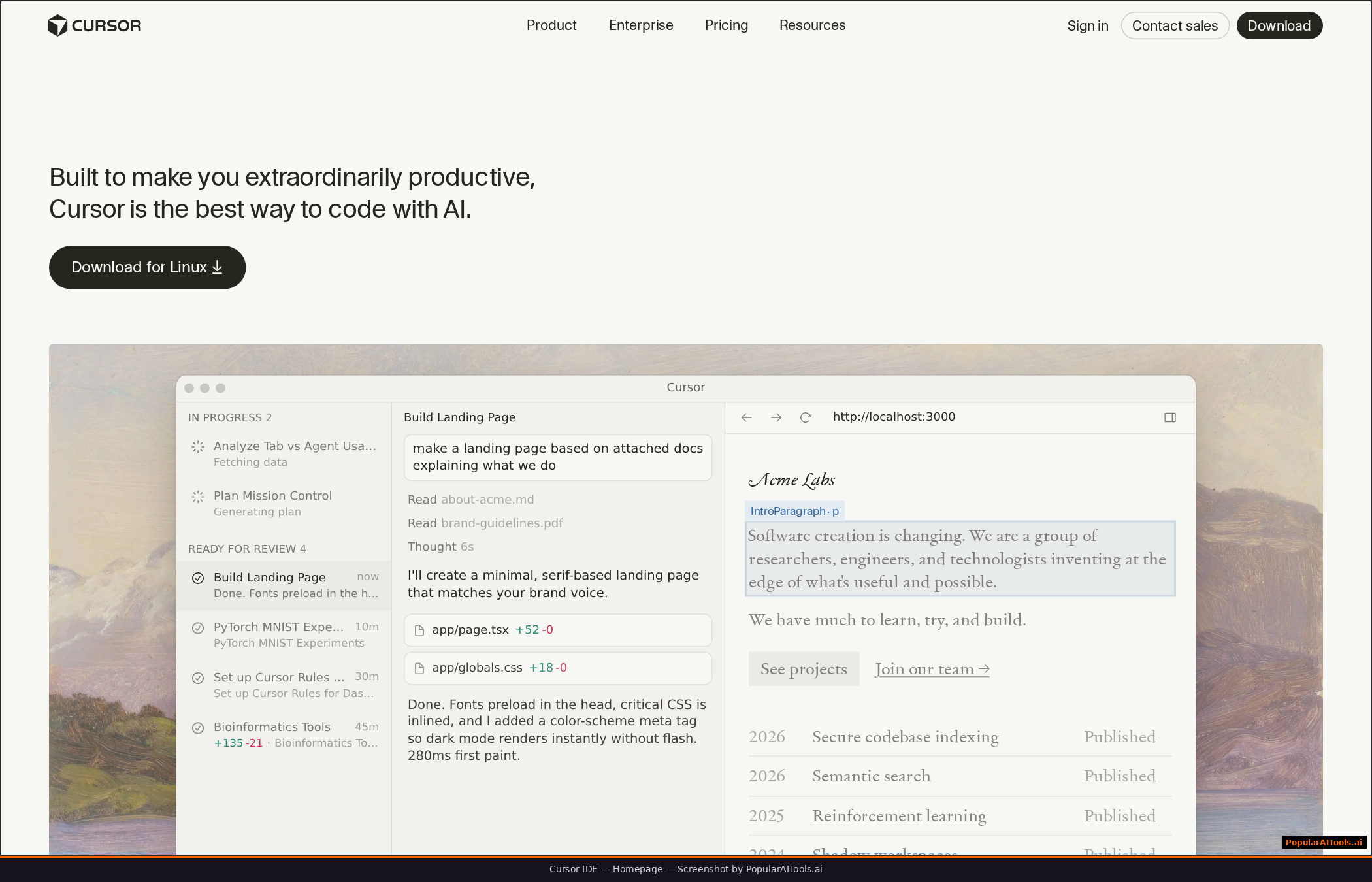 Cursor IDE homepage showing Composer 2 launch