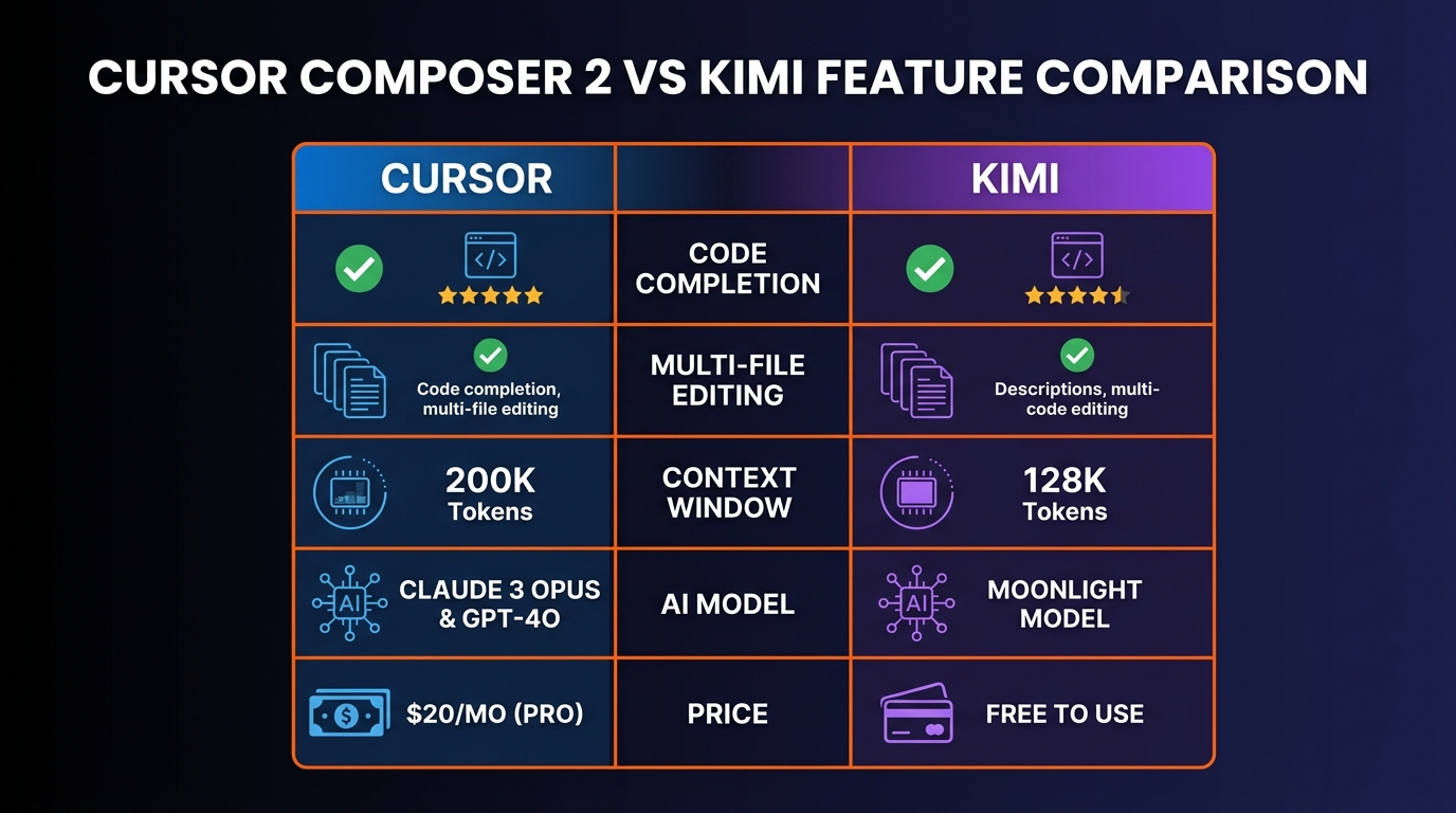 Cursor Composer 2 vs Kimi feature comparison infographic showing side-by-side capabilities