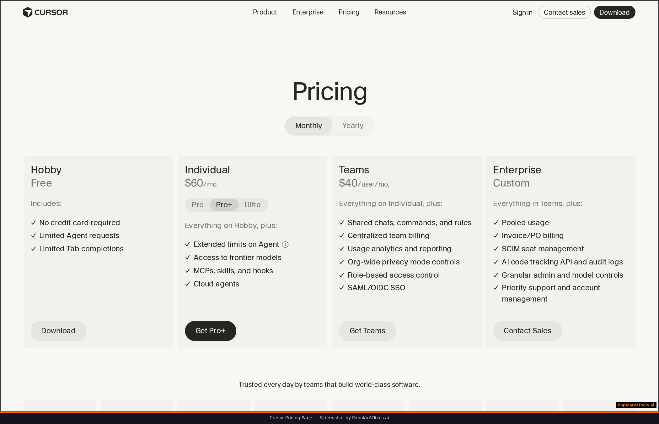 Cursor IDE pricing page