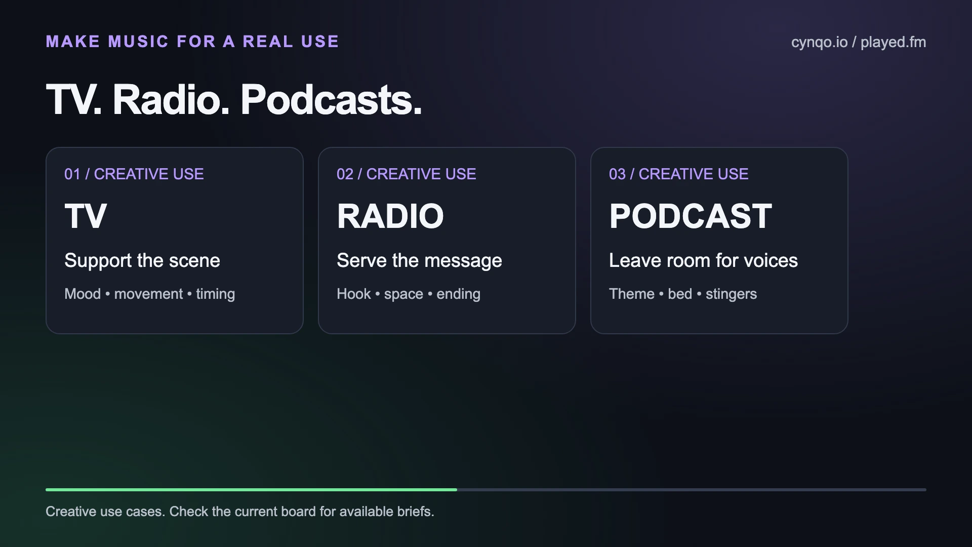 Editorial creative-use guide: support a television scene, serve a radio message and leave room for podcast voices.