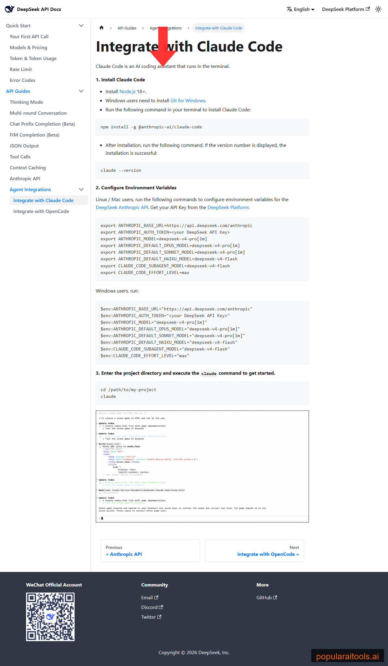 DeepSeek official documentation for Claude Code integration