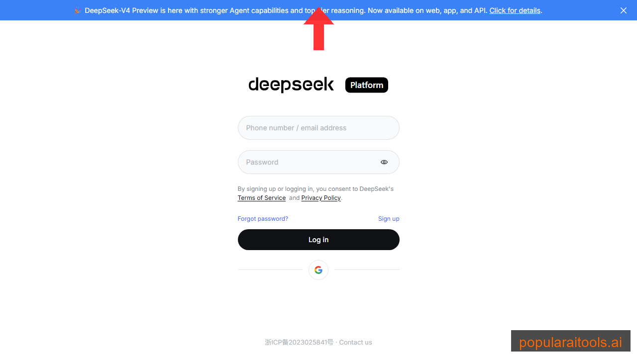 DeepSeek platform login page with V4 Preview announcement