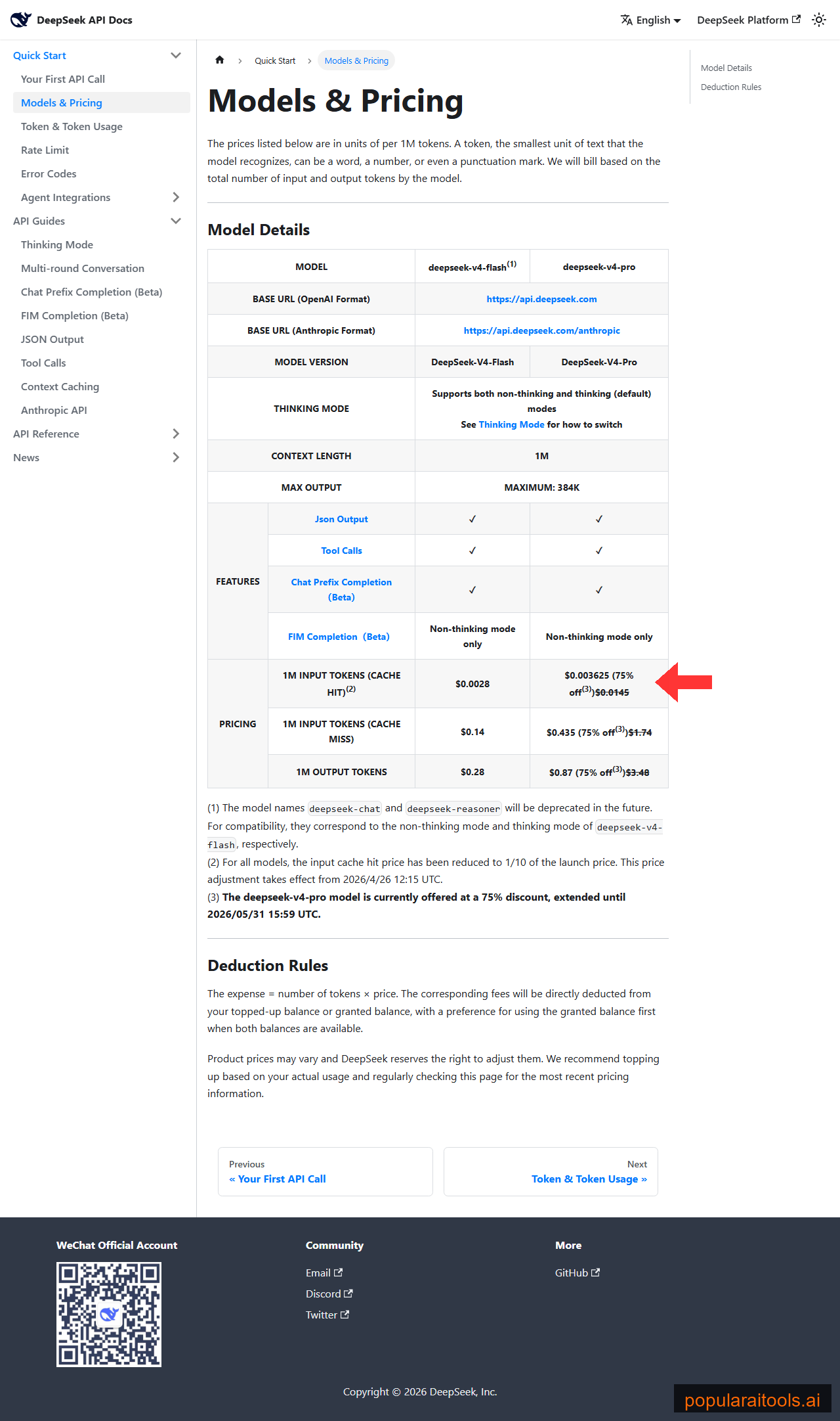 DeepSeek API pricing page showing V4-Flash and V4-Pro token costs