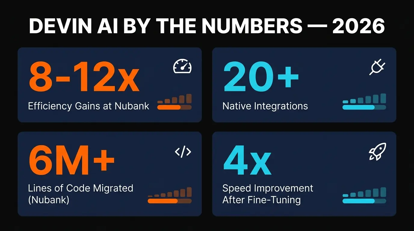 Devin AI statistics infographic showing Nubank results: 6M+ lines of code, 8-12x efficiency, 20x cost savings, 4x speed after fine-tuning