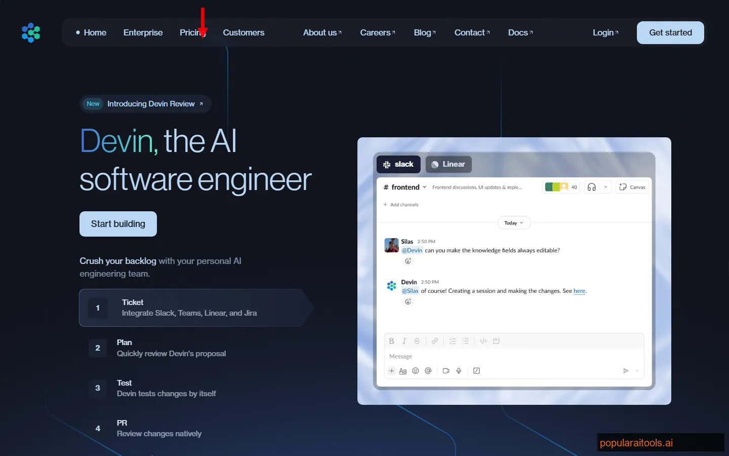 Devin AI homepage showing the autonomous AI software engineer platform by Cognition AI