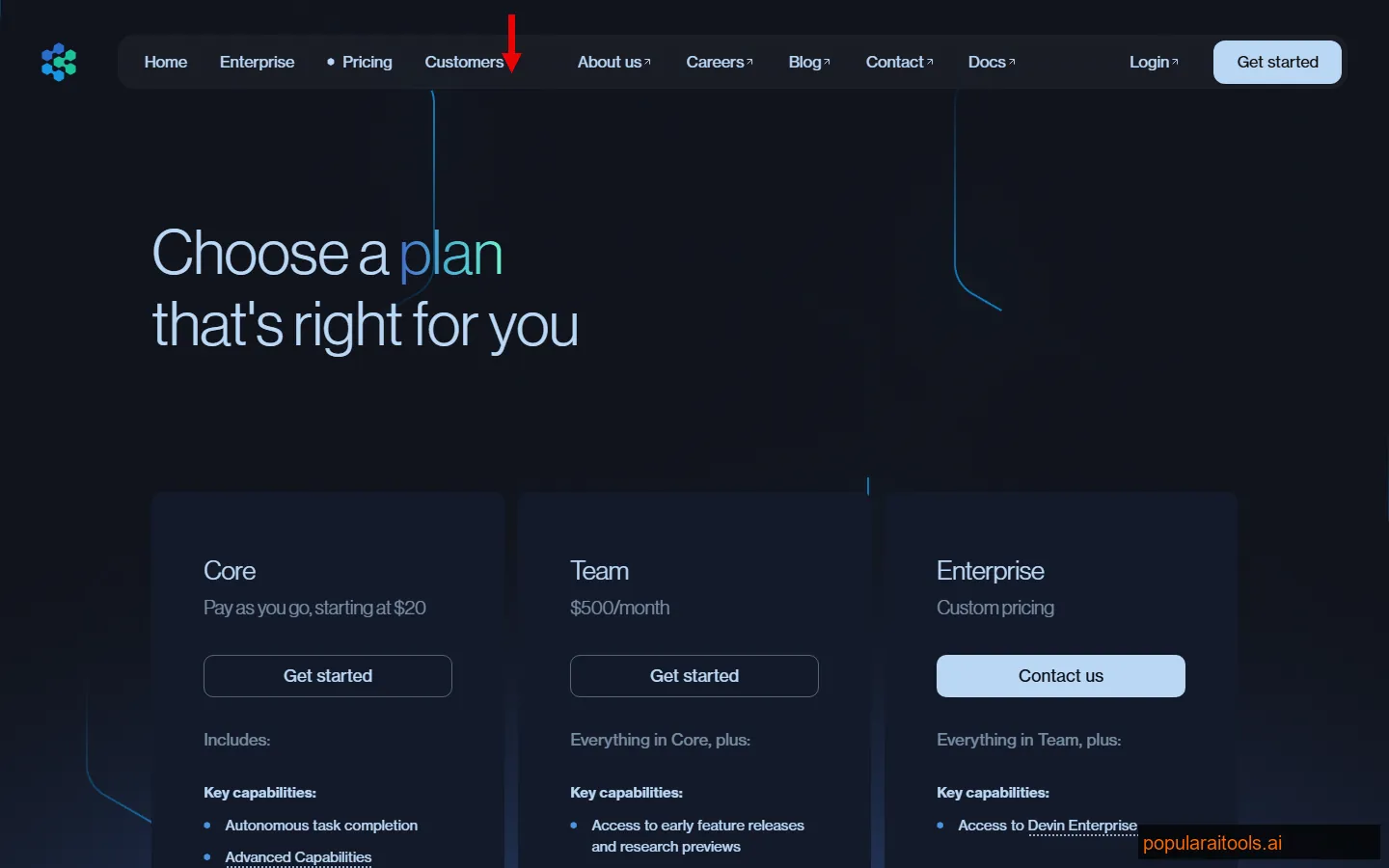 Devin AI pricing page showing Core pay-as-you-go, Team at $500/month, and Enterprise custom plans