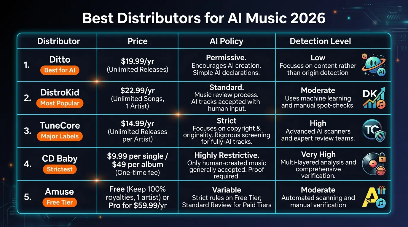 Distributor comparison table - Ditto vs DistroKid vs TuneCore vs CD Baby AI policies in 2026