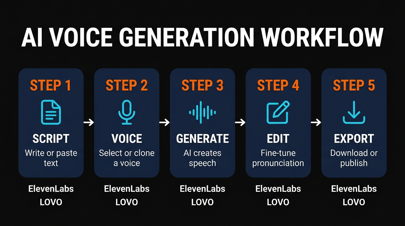AI voice generation workflow showing 5-step process from script to export