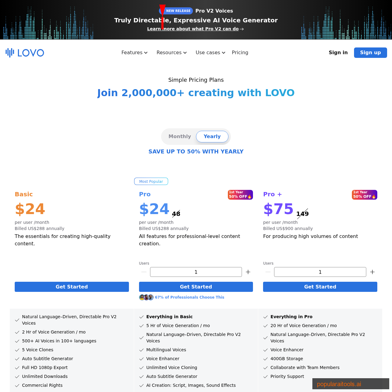 LOVO AI features page showing video editor, AI art, auto-subtitles, and voice generation