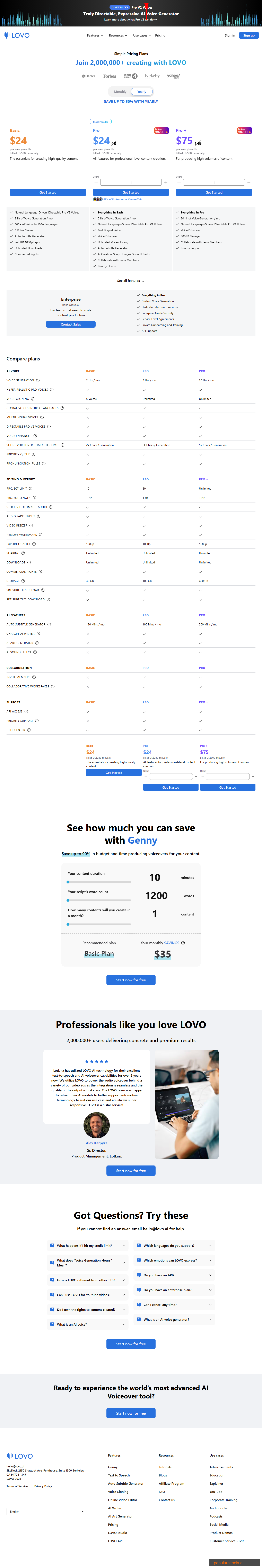 LOVO AI pricing page showing Basic, Pro, Pro+, and Enterprise plans
