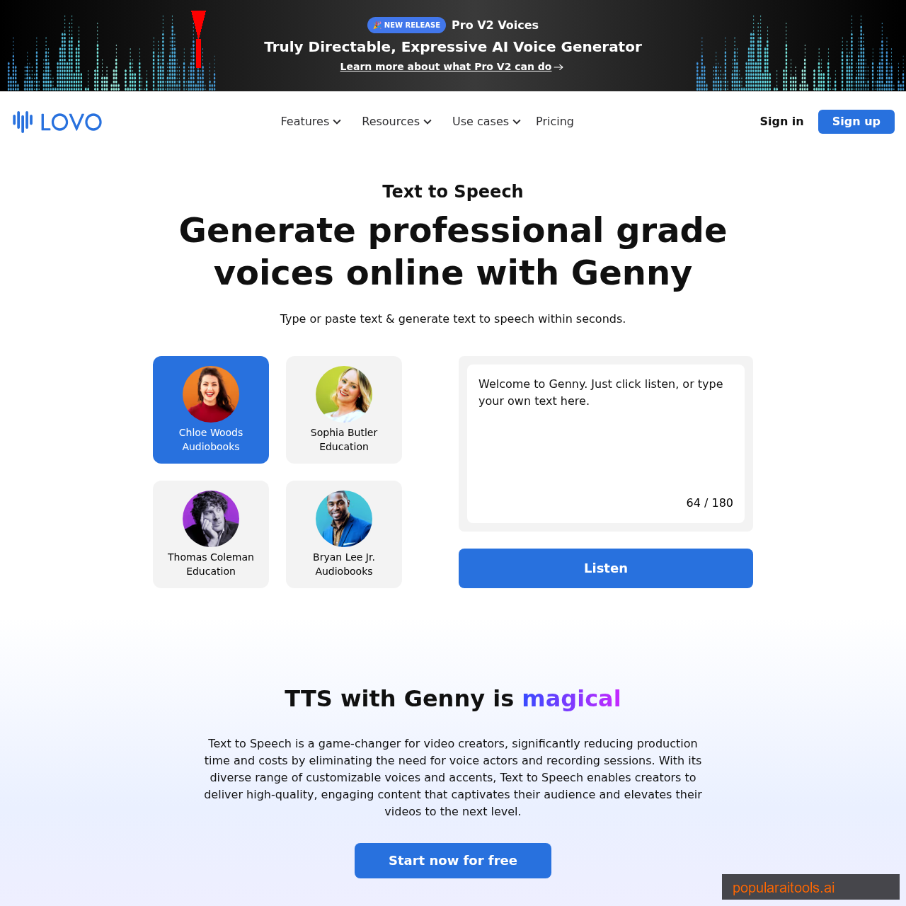 LOVO AI voiceover interface showing voice selection and generation in multiple languages