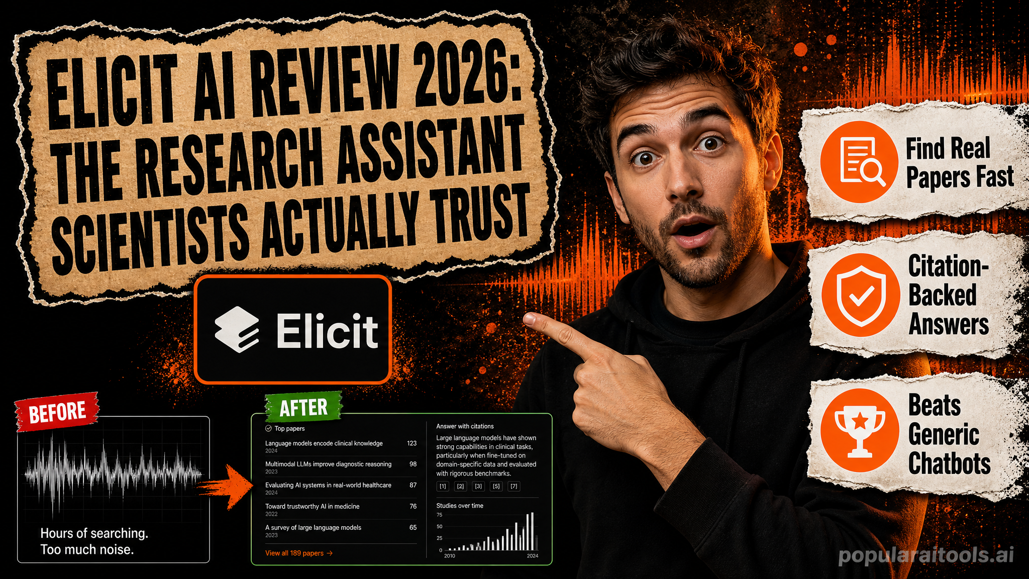 Elicit AI research assistant dashboard showing a literature review with extracted data and citations