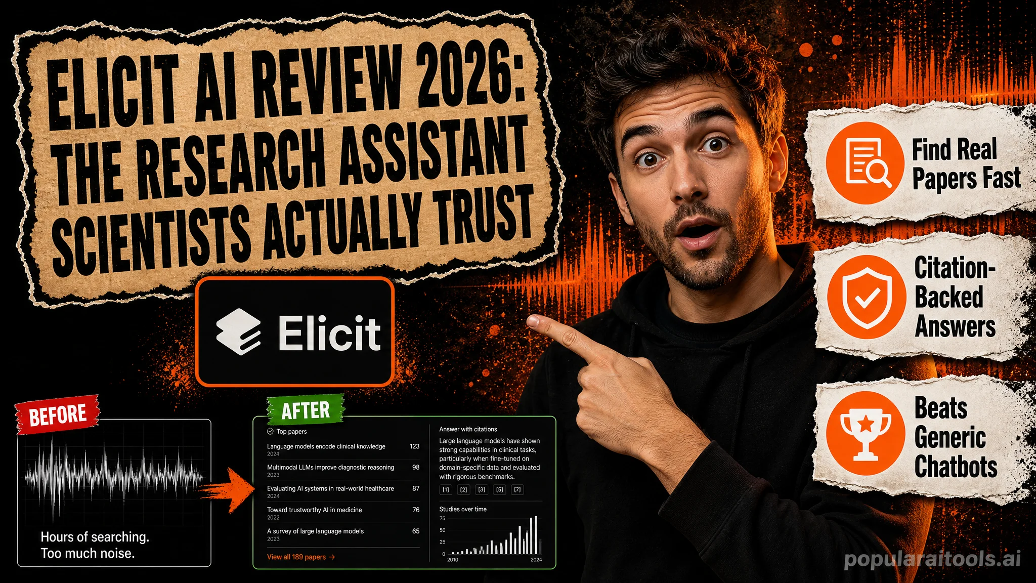 Elicit AI research assistant dashboard showing a literature review with extracted data and citations