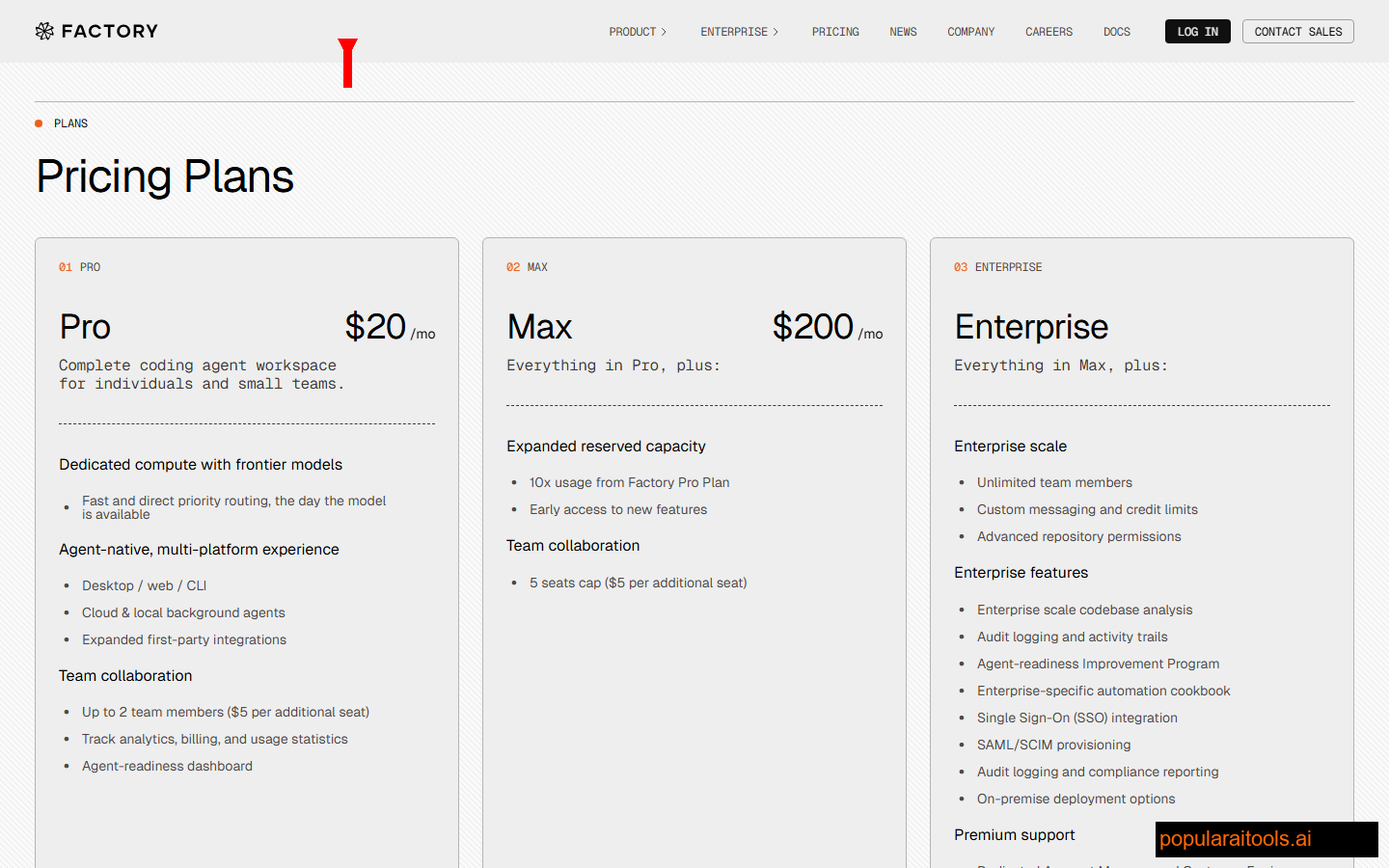 Factory AI pricing page