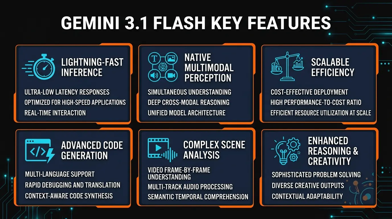 Gemini 3.1 Flash Live features overview infographic showing 6 key capabilities