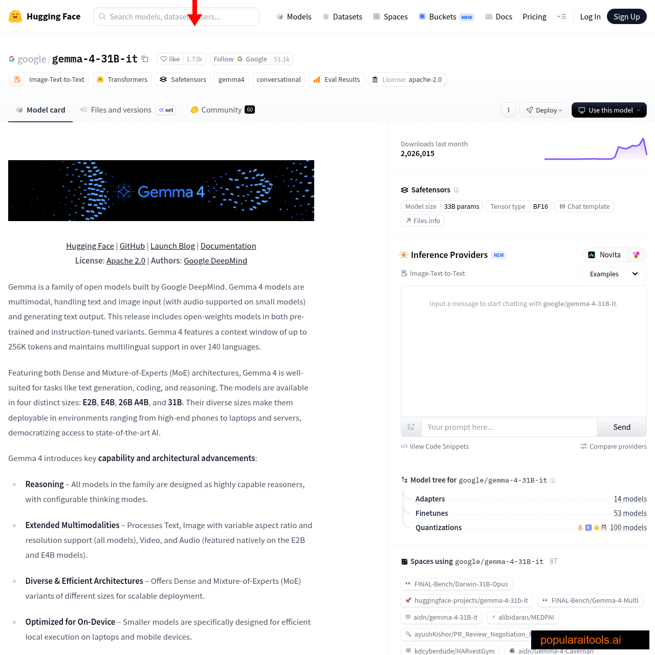 Hugging Face Gemma 4 31B model card showing multimodal support