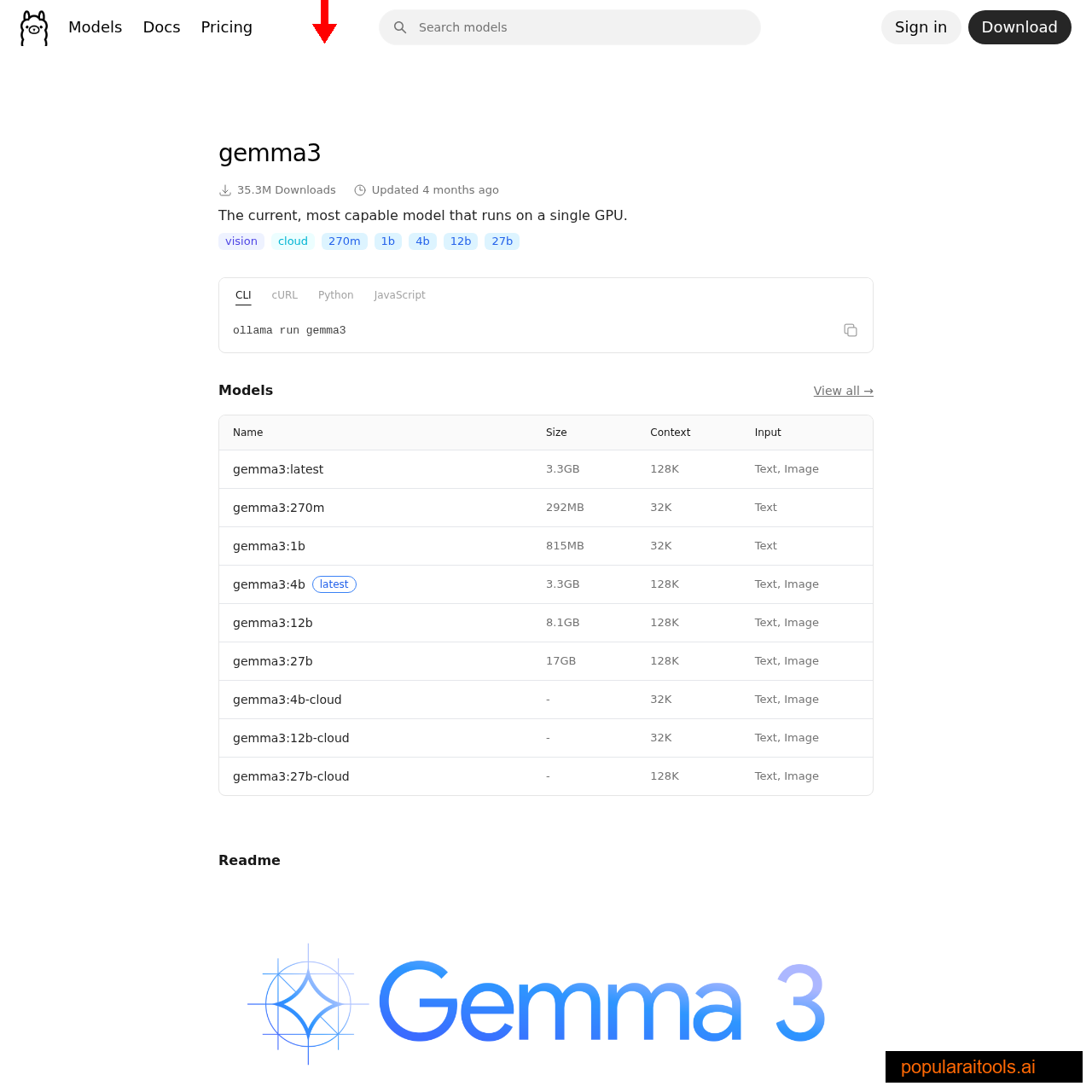 Ollama library page showing Gemma 3 (and Gemma 4 models)