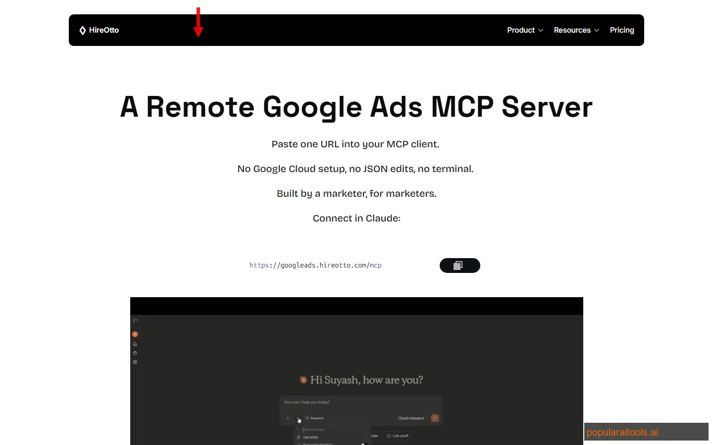 HireOtto Google Ads MCP Server homepage showing zero-setup remote MCP for managing Google Ads through AI