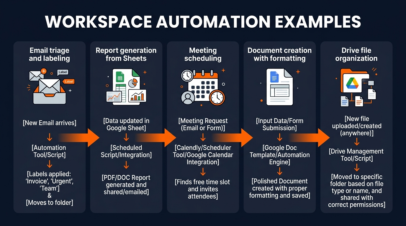 Real-world automation examples: email triage, report generation, meeting scheduling