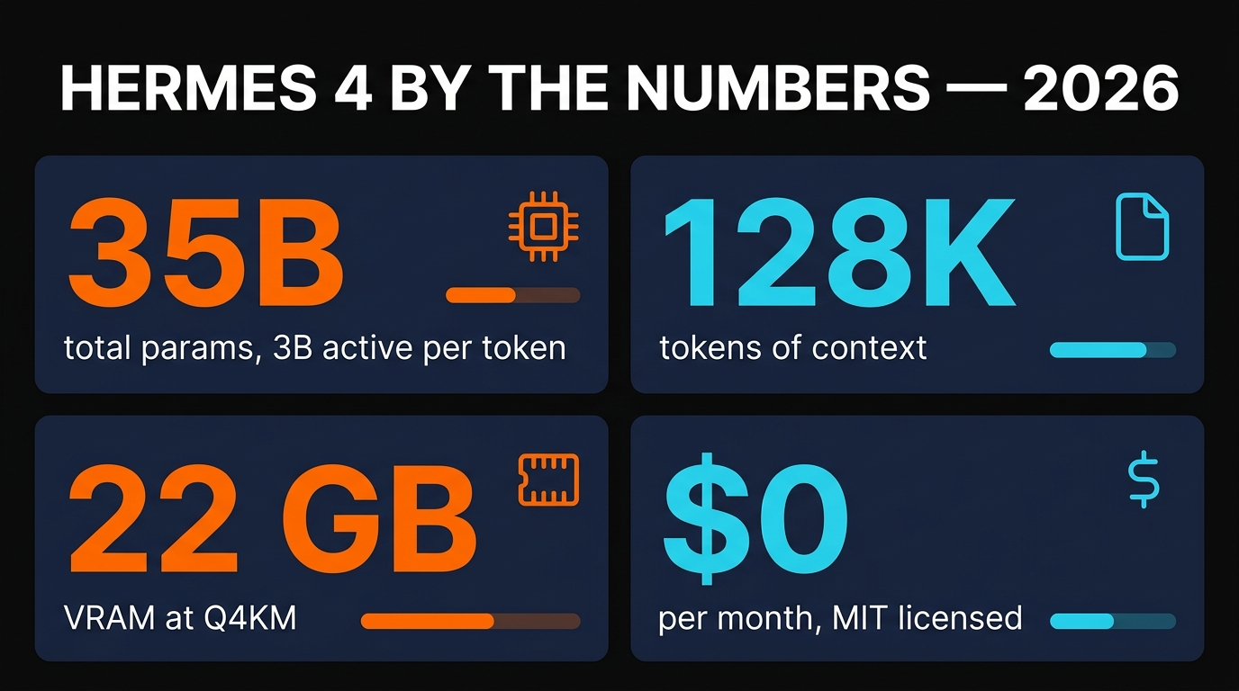 Hermes 4 stats infographic: 35B params, 128K context, 22 GB VRAM, $0 cost