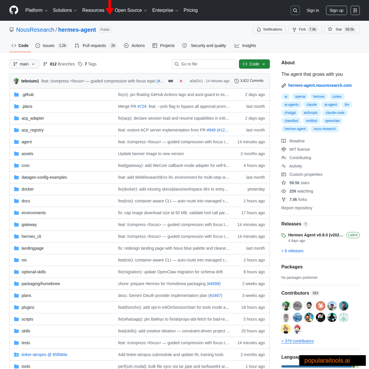 Hermes Agent GitHub repository with MIT license and 40+ tools