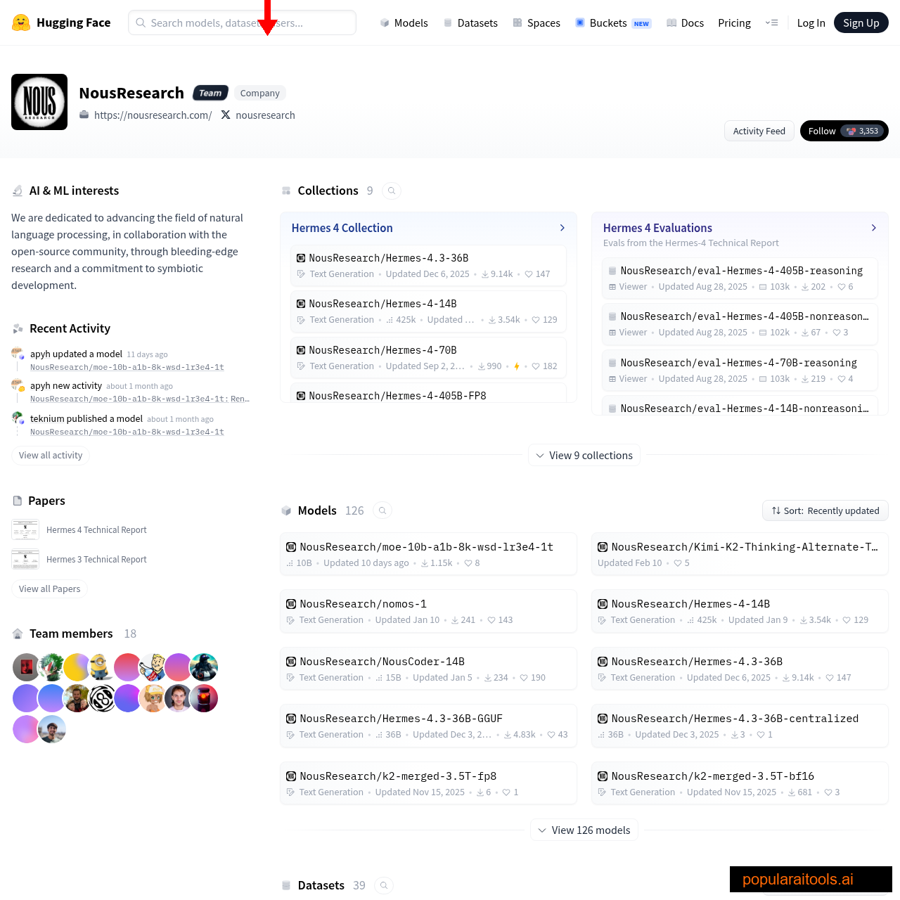 NousResearch organization page on Hugging Face showing model lineup