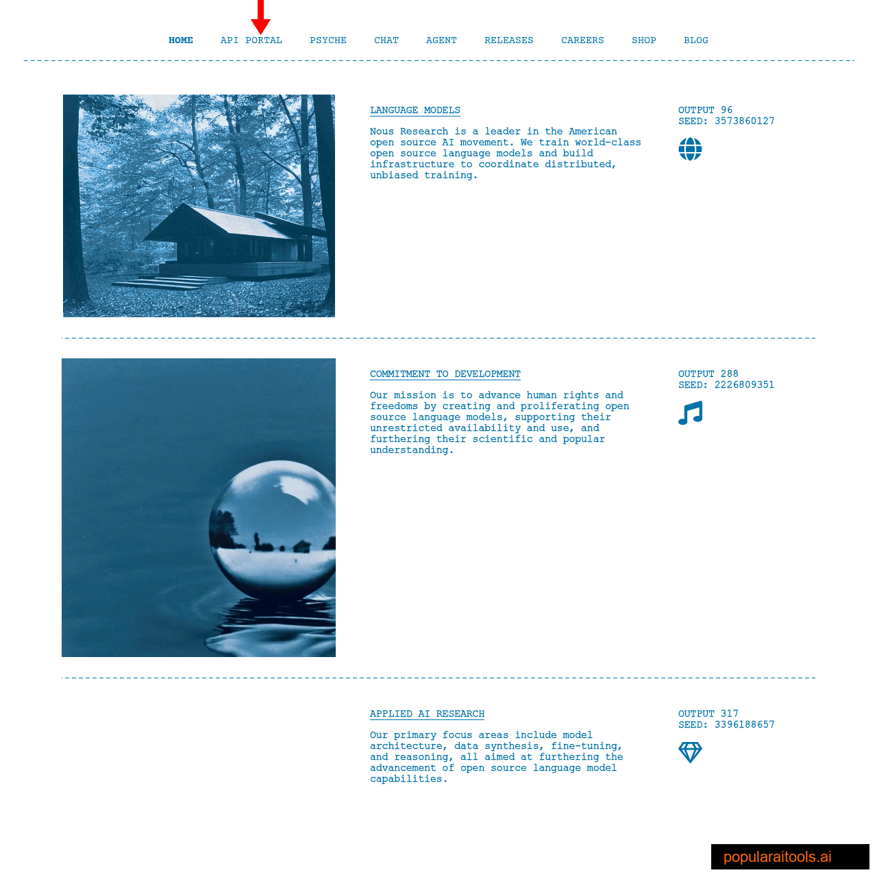 Nous Research homepage showing their open-source model lineup