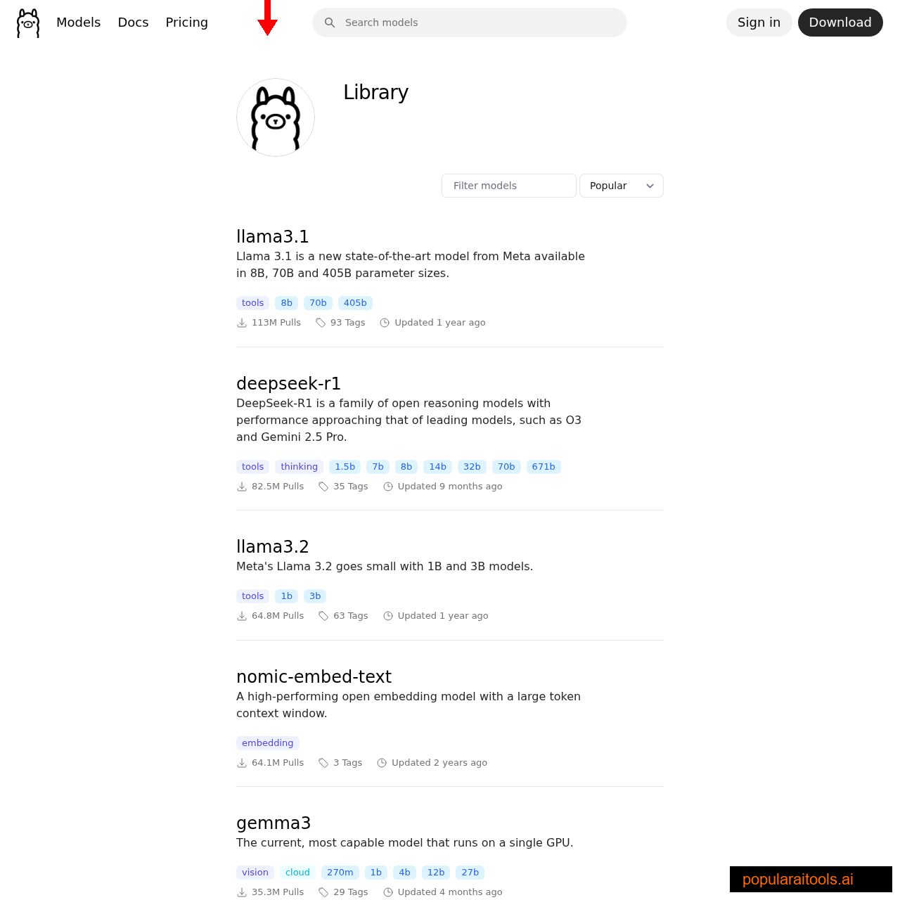 Ollama library page showing local model catalog