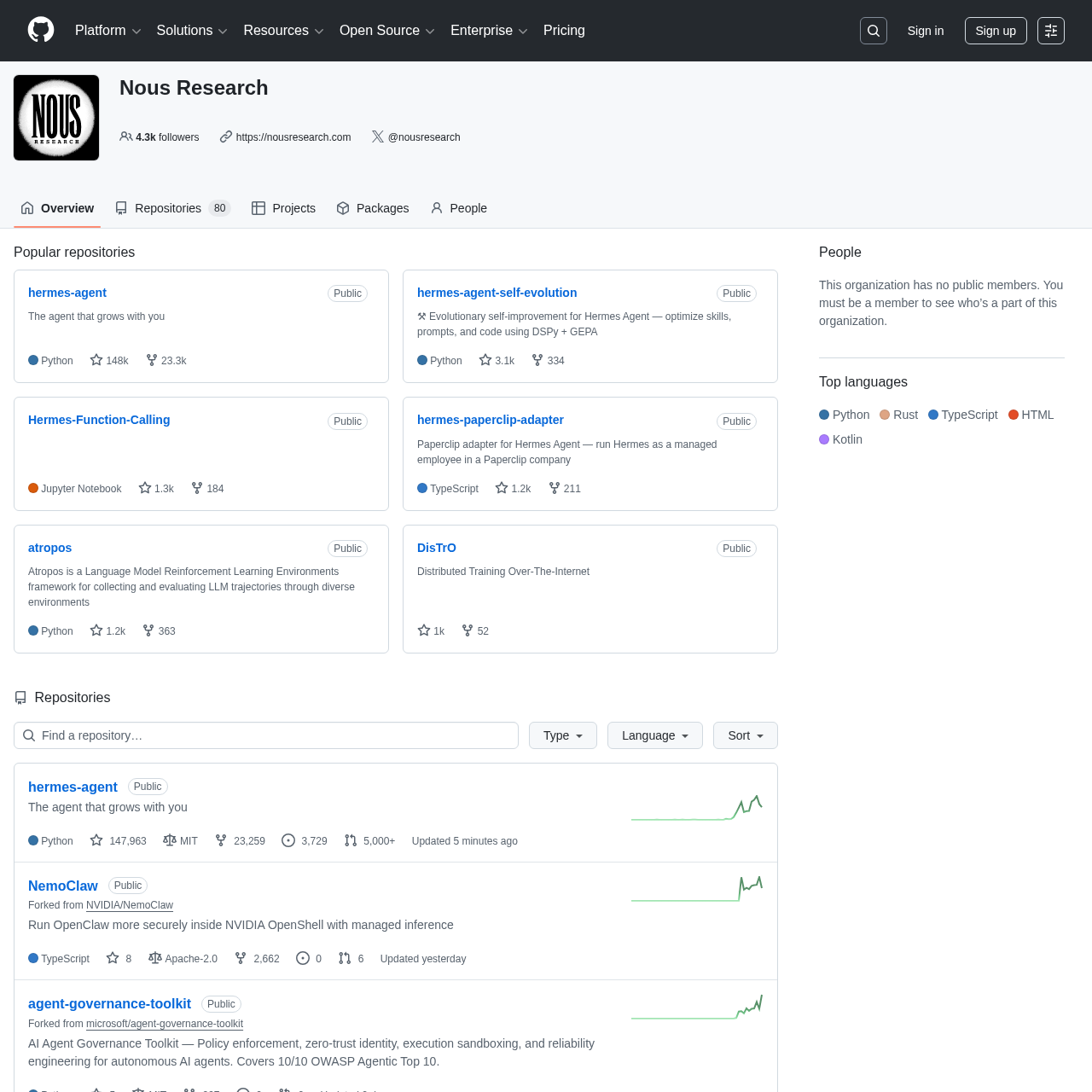 Nous Research GitHub — the home of Hermes Agent open source
