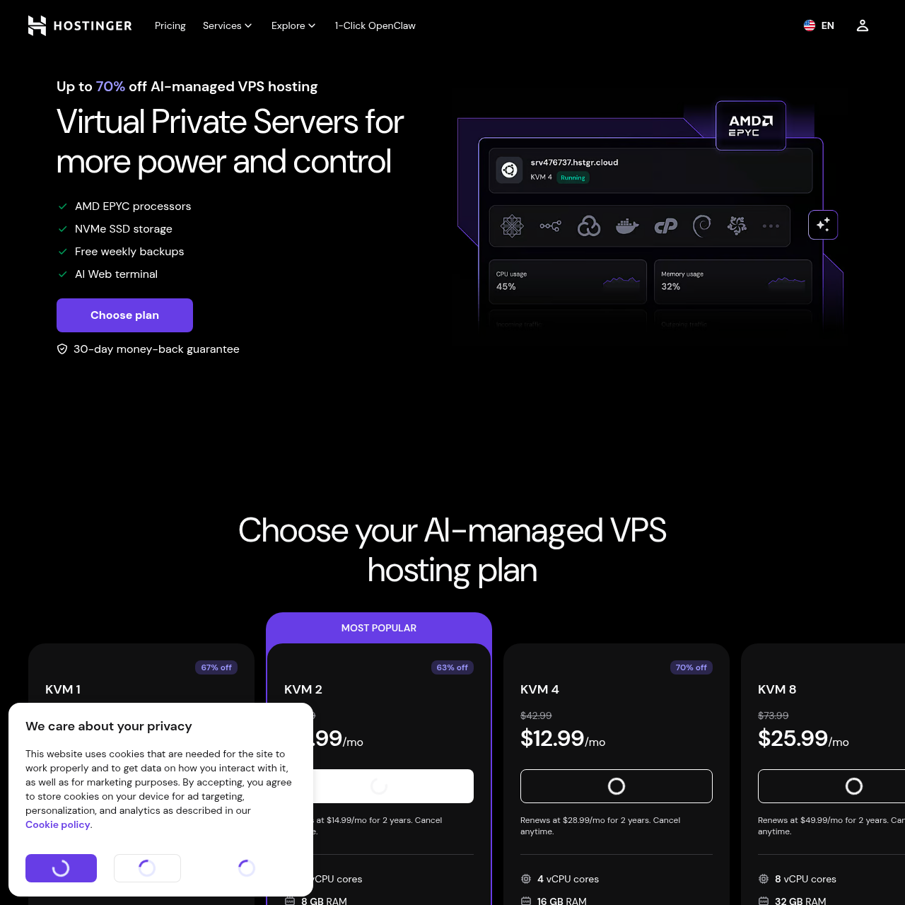 Hostinger VPS pricing — KVM 1 at $6.49/mo is the base VPS for the Hermes setup