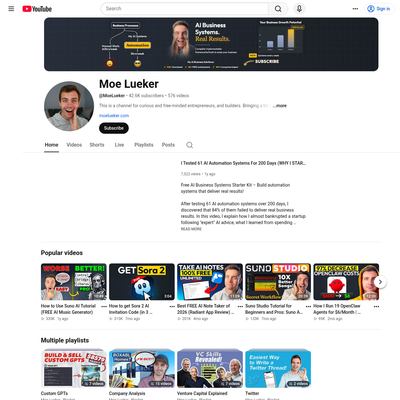 Moe Lueker's YouTube channel — the source for the $8/month Hermes cascade setup