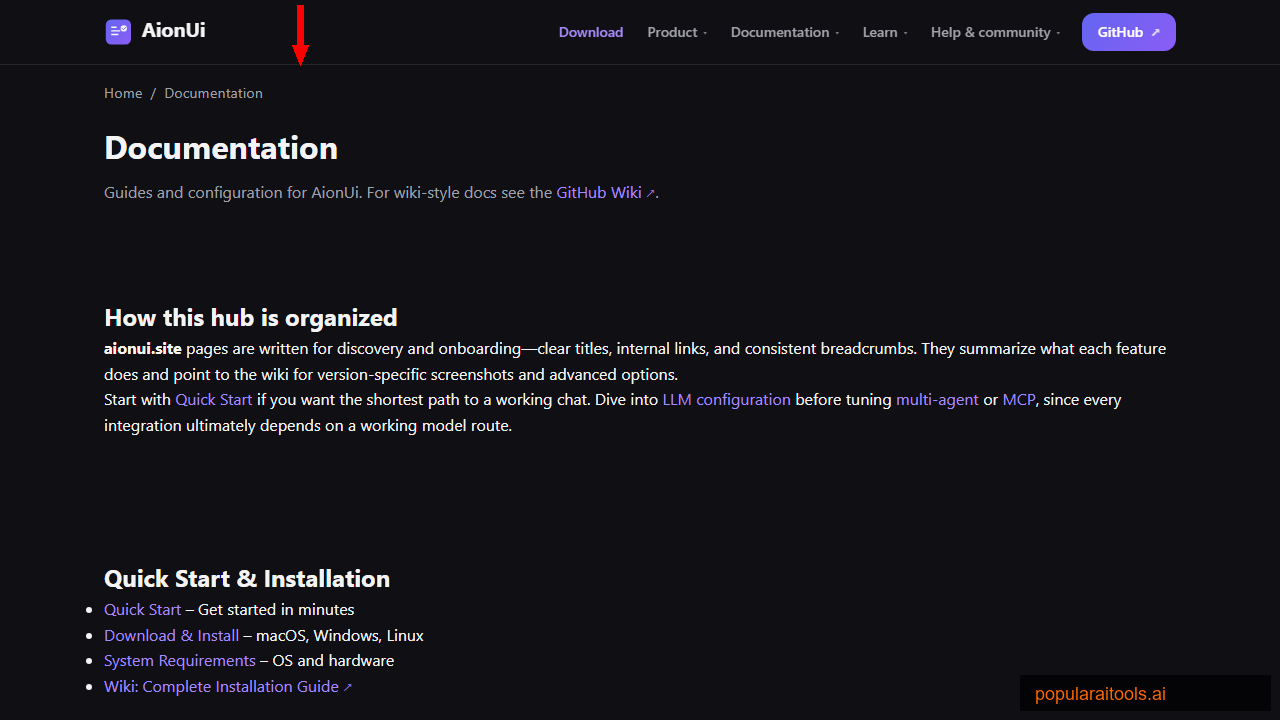 AionUI documentation page showing getting started guide and configuration options