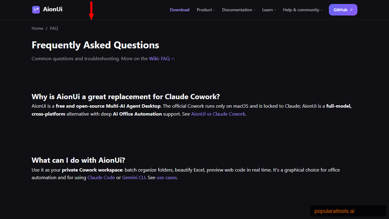 AionUI FAQ page showing common questions about installation, API keys, and system requirements
