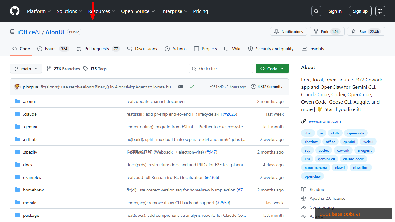 AionUI GitHub repository showing 22.8K stars, 4817 commits, Apache-2.0 license